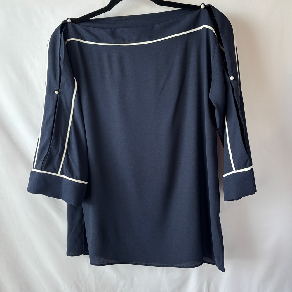 Ann Taylor XS Navy Blue with White Trim Boat Neck Blouse Slit Sleeves NWT